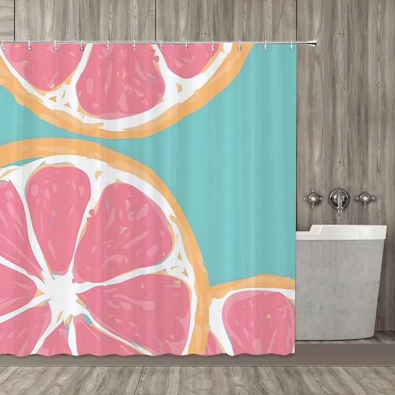 Pink and Orange Slice Patterned Shower Curtain, Polyester Fabric, Machine Washable, Includes Hooks, Suitable for Bathroom Décor.