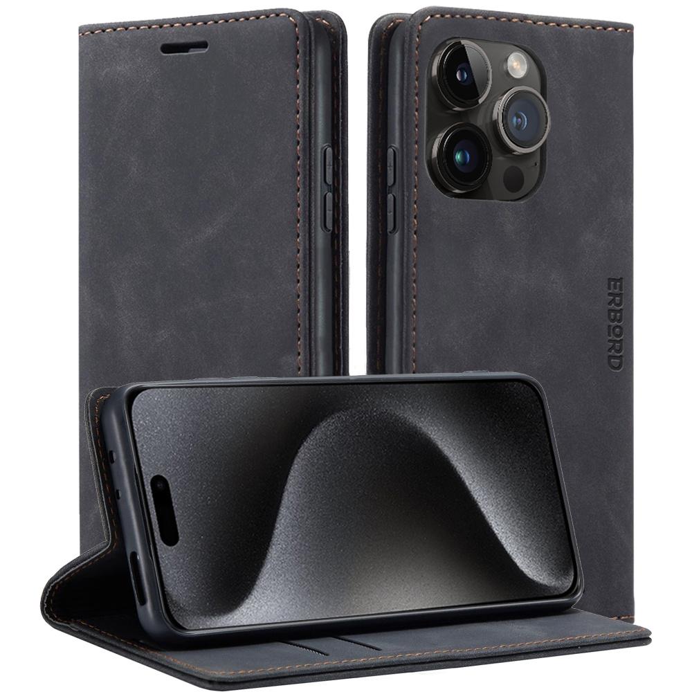 ERBORD Vintage Wallet Case for iPhone 15 Pro Max with Flip, Black