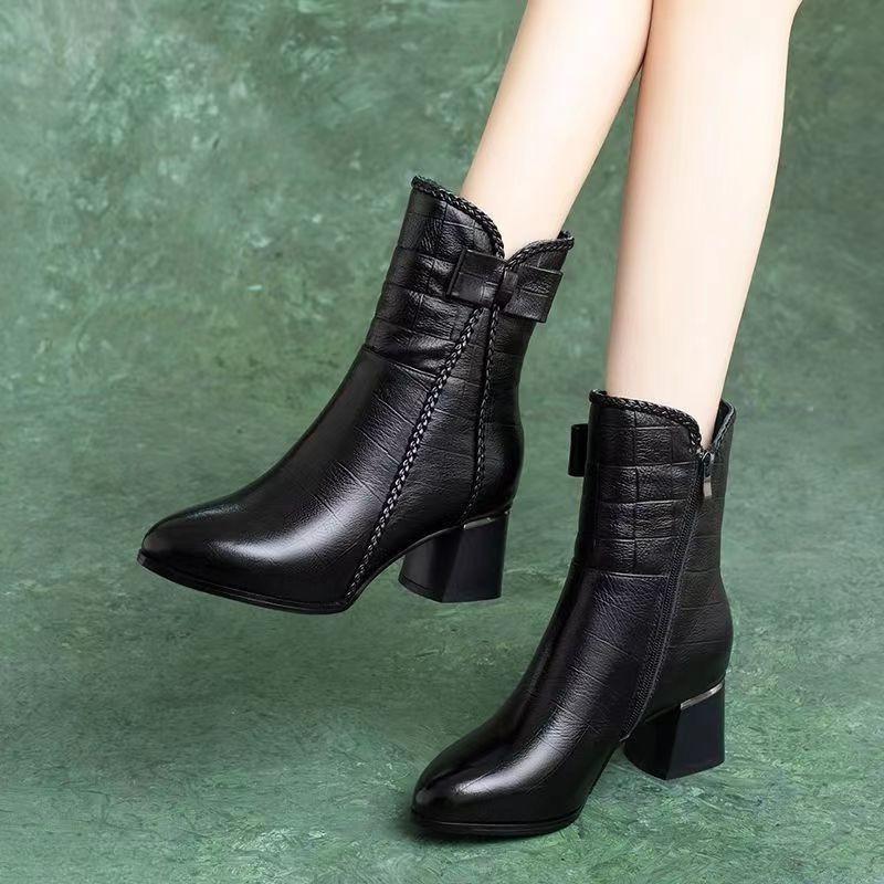 Fashionable versatile thick heel pointed midsole boots added fleece warmth comfortable women elegant minimalist women's shoes