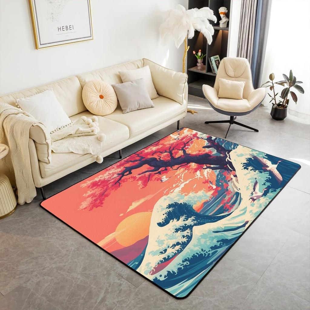 Japanese Samurai & Red Maple Print Area Rug, Non-Slip Floor Mat for Living Room Bedroom, Warrior Design Home Decor Carpet