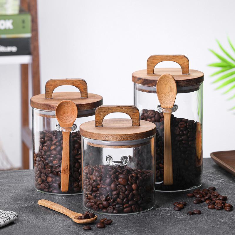 Borosilicate Glass Coffee Storage Jar with Handle, Spoon, Thickened Lid, and Moisture-Proof Seal
