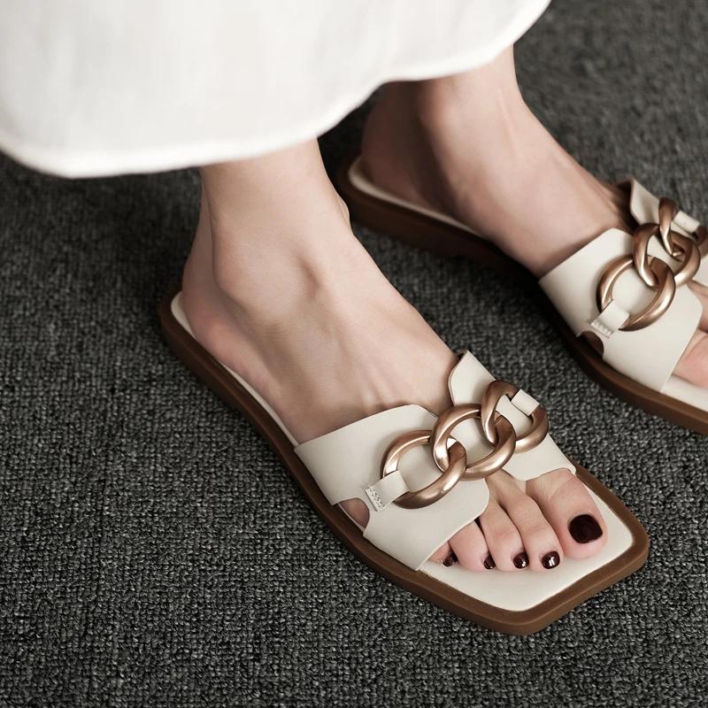 

fashion Luxury Ladies Shoes Brand Metal Decoration Women s Slippers Fashion Peep Toe Casual Slippers Women New Square Toe Flat Slippers