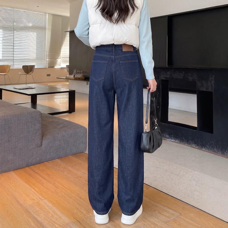 Autumn and winter daily versatile velvet thickened wide-leg jeans women's classic dark blue primary color washed
