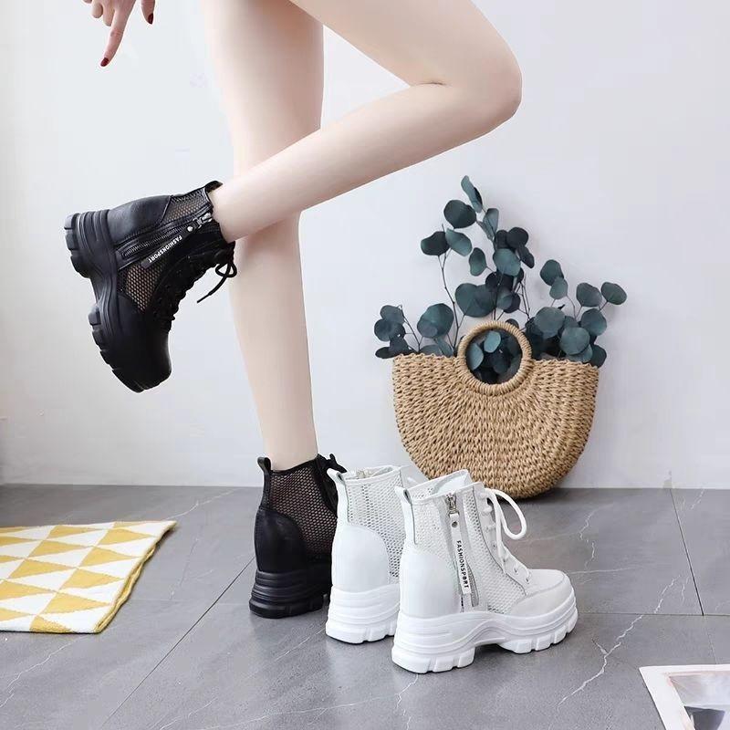 Dámské martensky Letní nový styl Kožené síťované kotníkové boty se skrytým klínkem Prodyšné Dírkované Peep boty