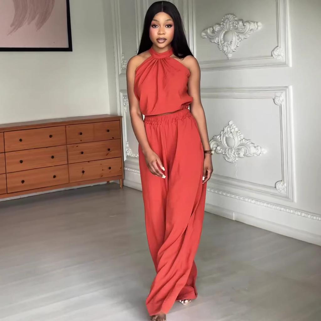 African temperament elegant sleeveless neck red short top new women's clothing high waist trousers European and American fashion suit