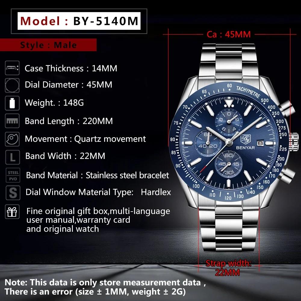BENYAR5140 Top Brand Luxury Full Steel Business Quartz Watch Men Casual Waterproof Sports Watches Clock Relogio Masculino