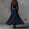 Women's Navy Blue Stand Collar Top and Plaid Trim Long Skirt Set