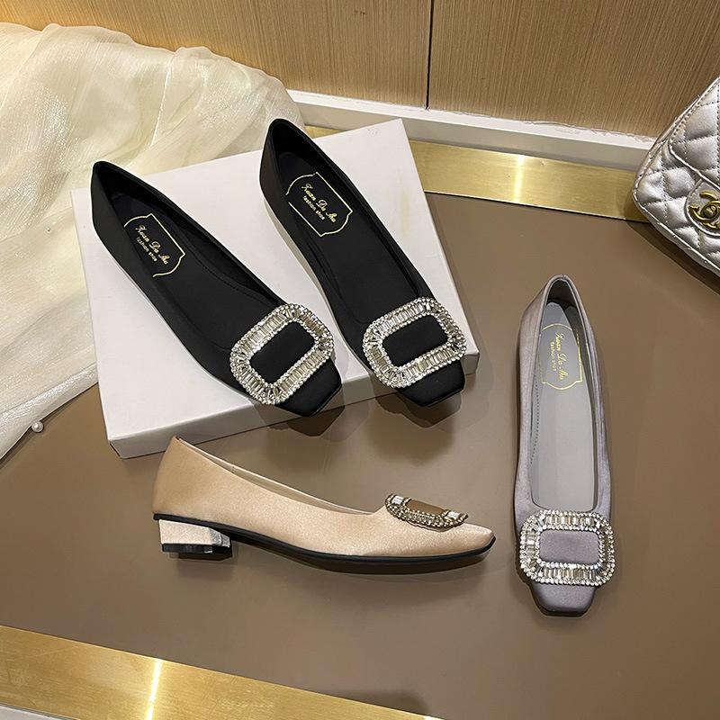 Rv Silk Satin Rhinestone Light Mouth Comfortable Ladyshoes Thick Heel Square Head Single Shoes Women'S Buckle Large Size Women'S Shoes
