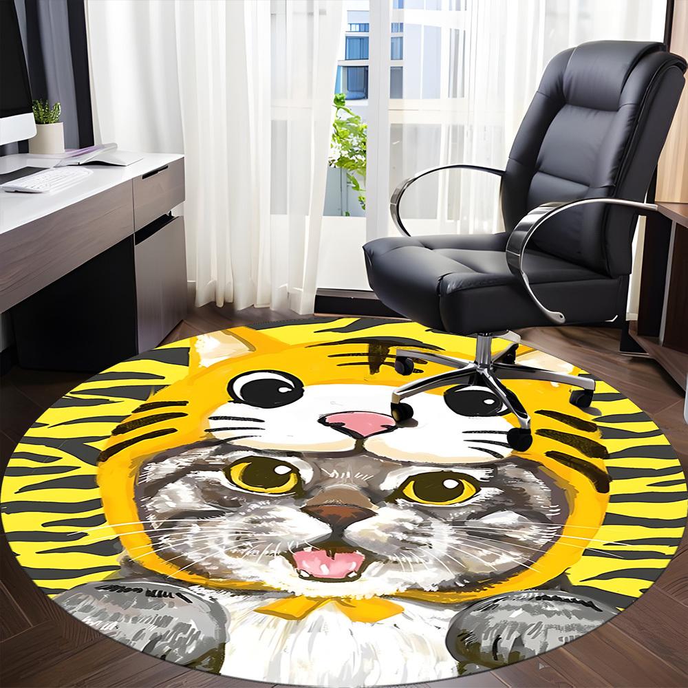 1PC Tiger Cat Office Round Area Rug,  Mat Suitable ForOffice, Under Office Chairs Bedroom Living Room Home Decor, Room Deco