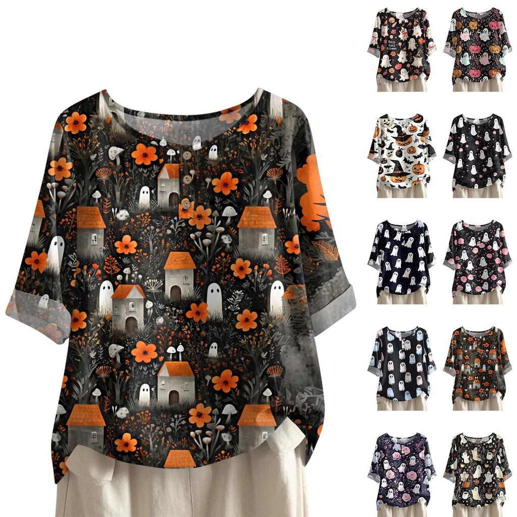 Camicia alla moda e casual da donna a maniche corte con scollo rotondo e stampa, blusa top in cotone e lino