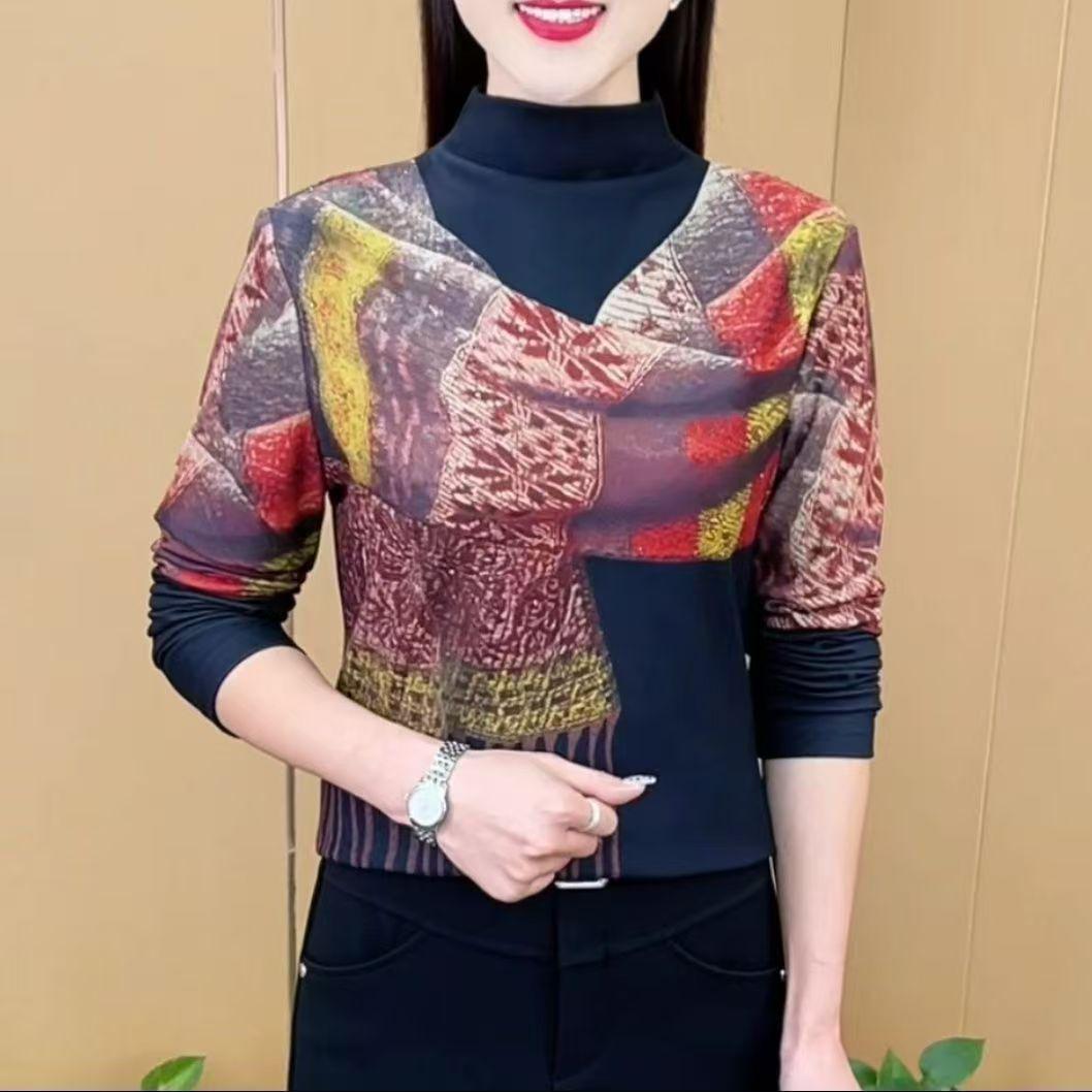 Elegant Tummy-Covering Long-Sleeve Two-Piece Look Top for Middle-Aged and Elderly Mothers 2XL