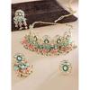 Pink & Green Beads Cluster Drops Kundan Choker Necklace Earring & Ring Set For Women