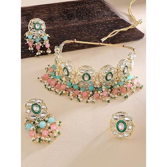Pink & Green Beads Cluster Drops Kundan Choker Necklace Earring & Ring Set For Women