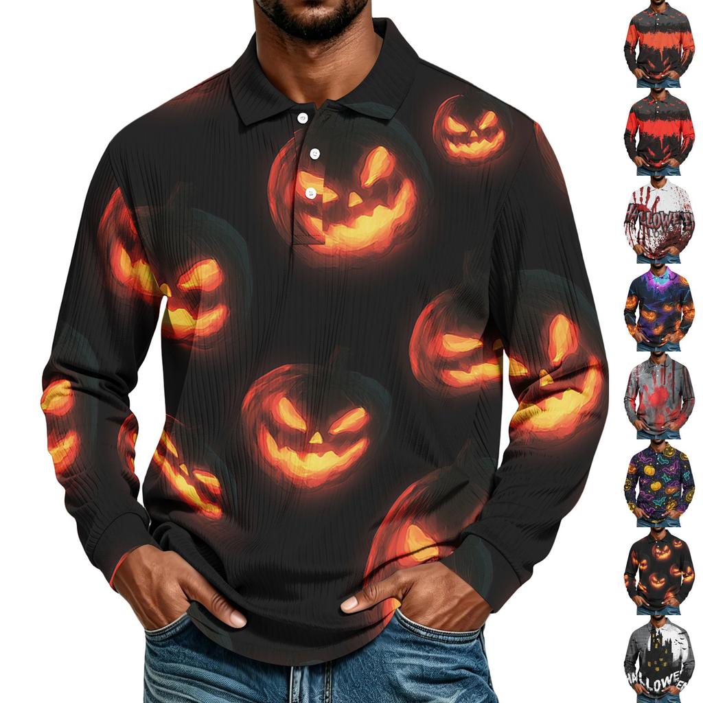Men's Casual Loose Fit Long Sleeve Shirt with Halloween Print