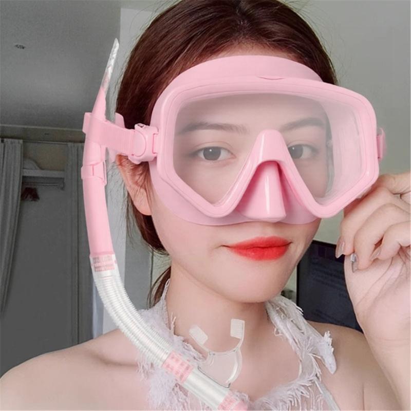 Leakproof Silicones Diving Mask Set with Foldable Dry Snorkel Adjustable Head Straps for Swimming Snorkeling Activity