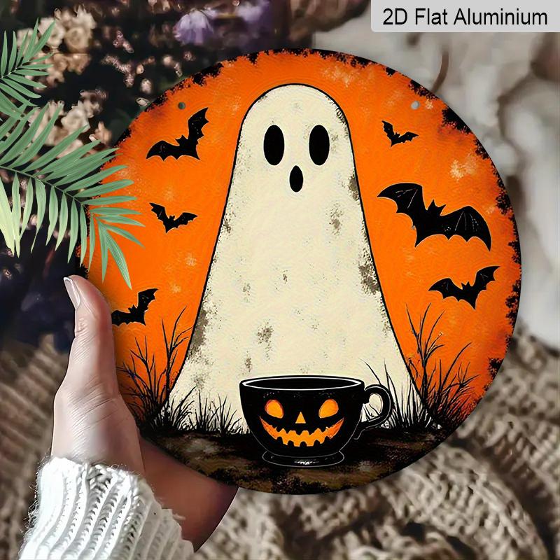 2D Flat, 1pc Cute Ghost Bat Pumpkin Mug Round Aluminum Wall Plaque, Halloween Horror Element Craft Sign, Indoor Outdoor Hanging Seasonal Decor