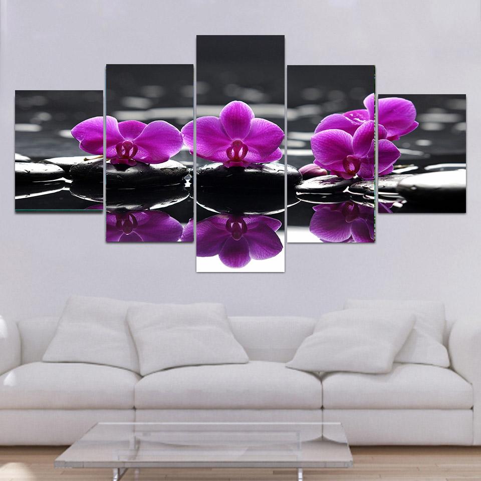 5 panelů Zen Stones Purple Butterfly Orchid Malba na plátně Plakáty a obrazy Nástěnné obrazy Obývací pokoj Home Decor Bez rámu
