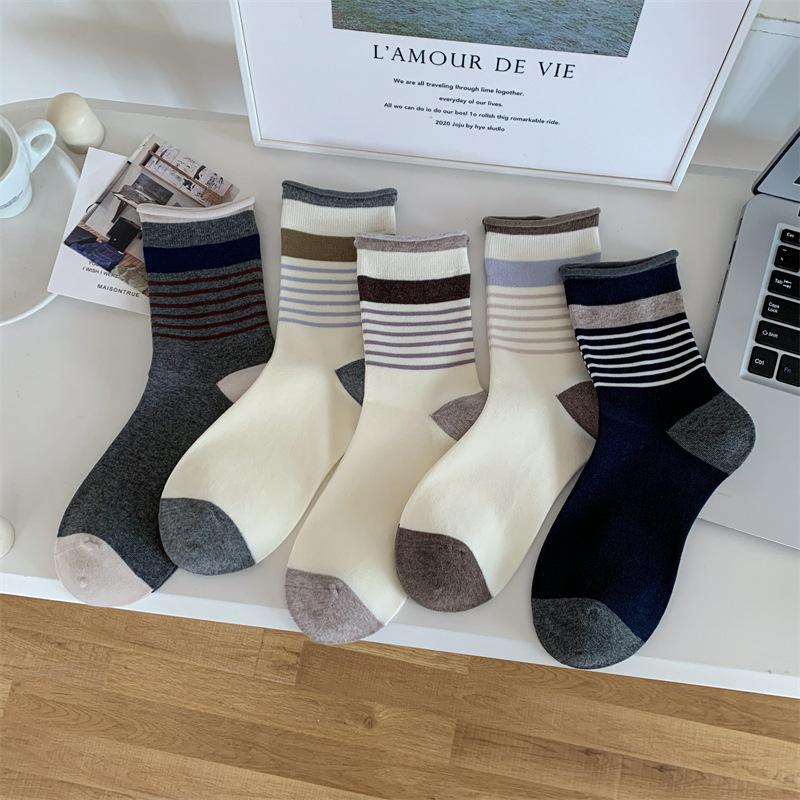 New Korean Hemming Color Matching Striped Medium Tube Socks Children'S Boneless Socks Confinement Socks Stacking Socks Versatile Socks