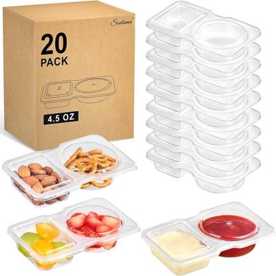 Lot de 20 Récipients à Snacks à Double Compartiment pour Dips, Sauces et Garnitures, Récipients en Plastique avec Couvercles
