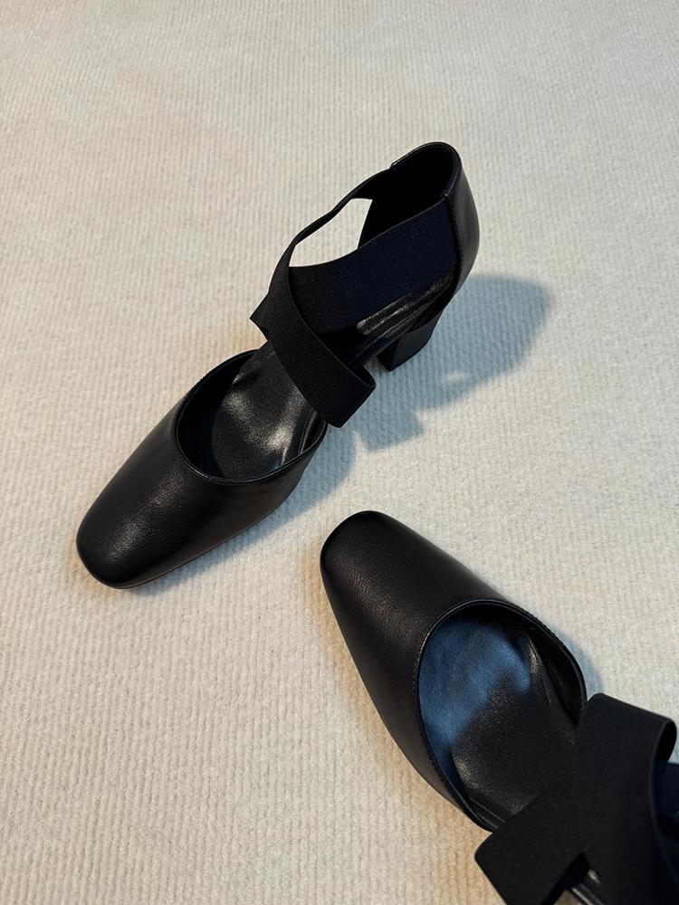 

2025 new retro versatile ballet high heels children thick heel cross belt hollow casual bag head sandals 39 чёрный