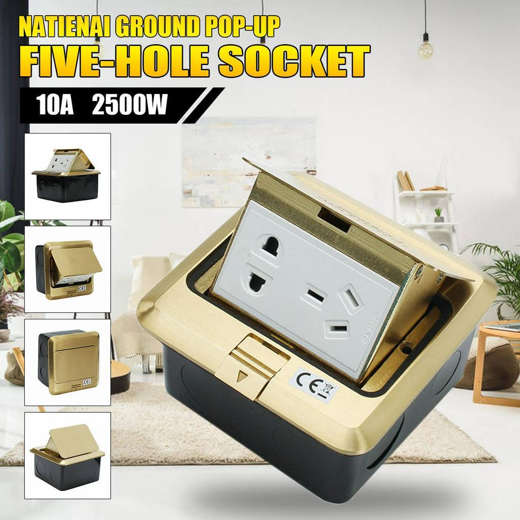Aluminum Alloy Golden 10A Pops- Up Floor Socket Waterproof Ground Sockets Plug 2 Way Electrical Switches Power Outlet 2500W