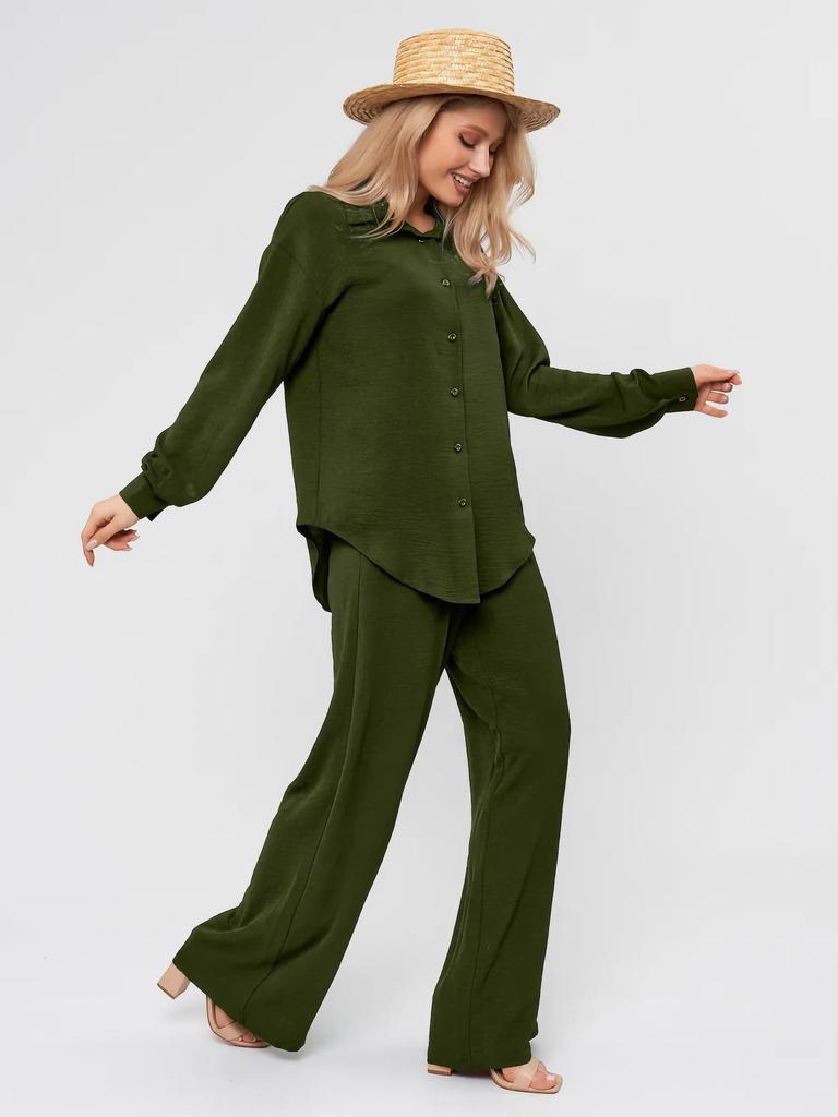French Casual Two-Piece Loungewear Set: Relaxed Shirt and Pants for Women