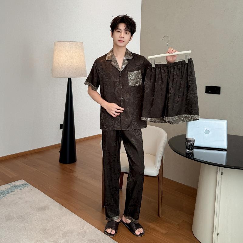 Men's pajamas men's ice silk loungewear long-sleeved trousers cardigan 1011 new high-end men's thin suit