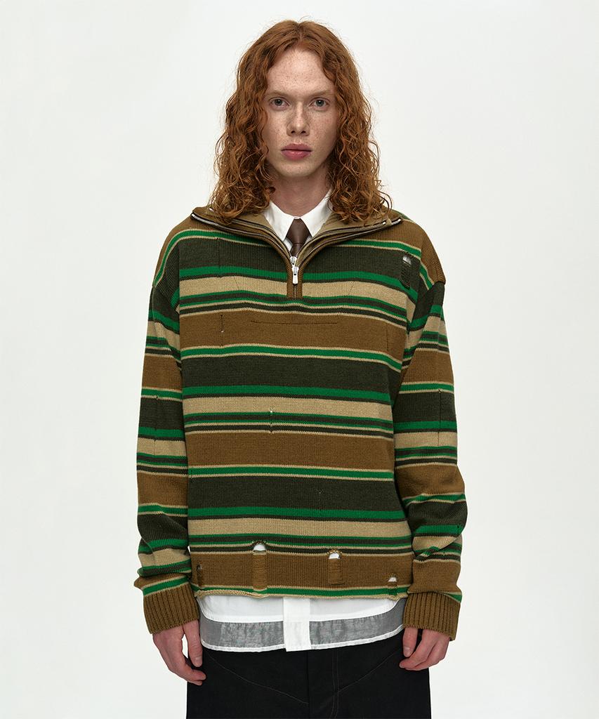 ADSB ANDERSSON BELL Double Layered Stripe Half Zip-Up Sweater Atb1451M(Beige/Brown)