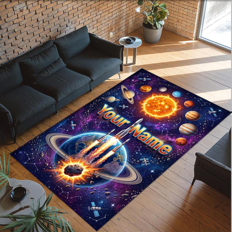 Cosmic Theme Crystal Velvet Floor Rug Personalized Custom Name Text Warm Carpet Home Decoration