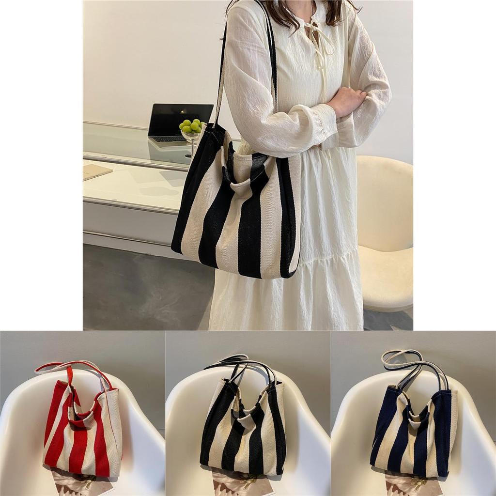 Stylish Urban Stripe Canvas Tote Bag Large Capacity Summer Shoulder Bag For Women 2022