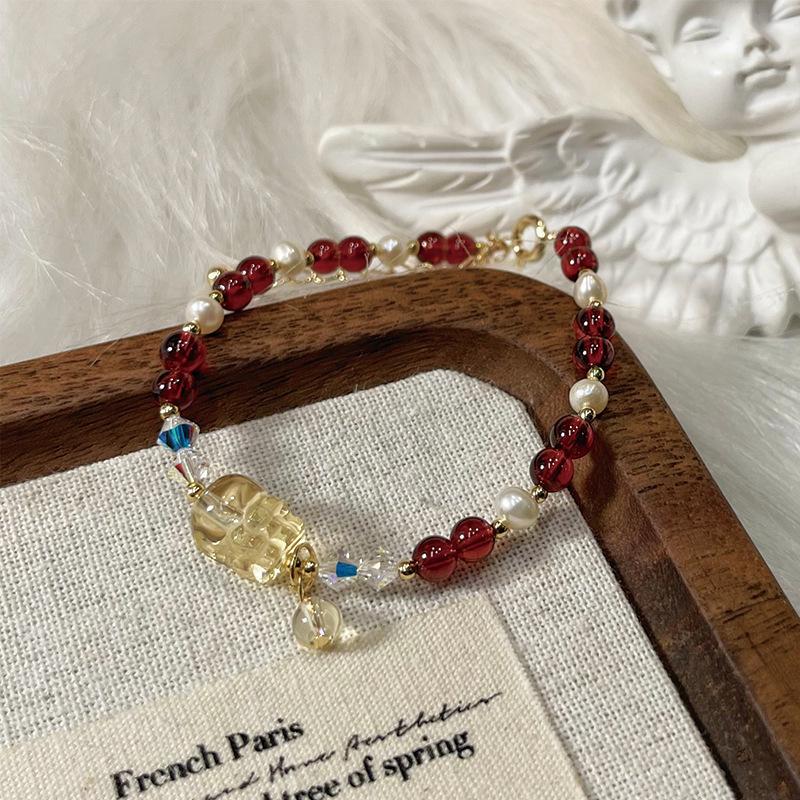 Qiaoen Women's Pixiu Crystal Bracelet with Burgundy Garnet, Citrine, and Freshwater Pearl