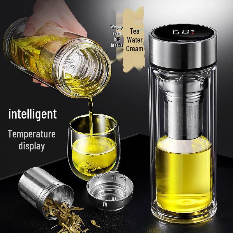 MOZHOU Double Wall Glass Travel Tea Tumbler with Temperature Display