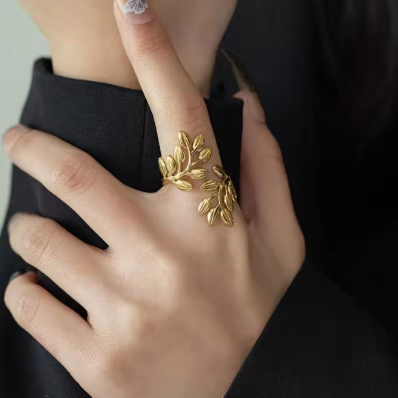 Minimally Gold Color Leaf Opening Ring with Multiple Functions for Women's Daily Wear Holiday Party Jewelry Gifts
