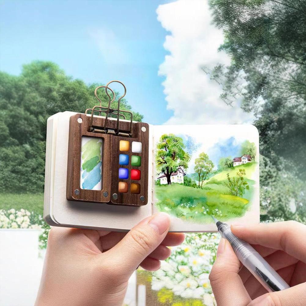 Tragbares Reise-Aquarellfarben-Paletten-Set Super Mini Taschen-Künstler-Aquarell-Sets Walnuss-Farbkasten Skizzenbuch Kunstbedarf