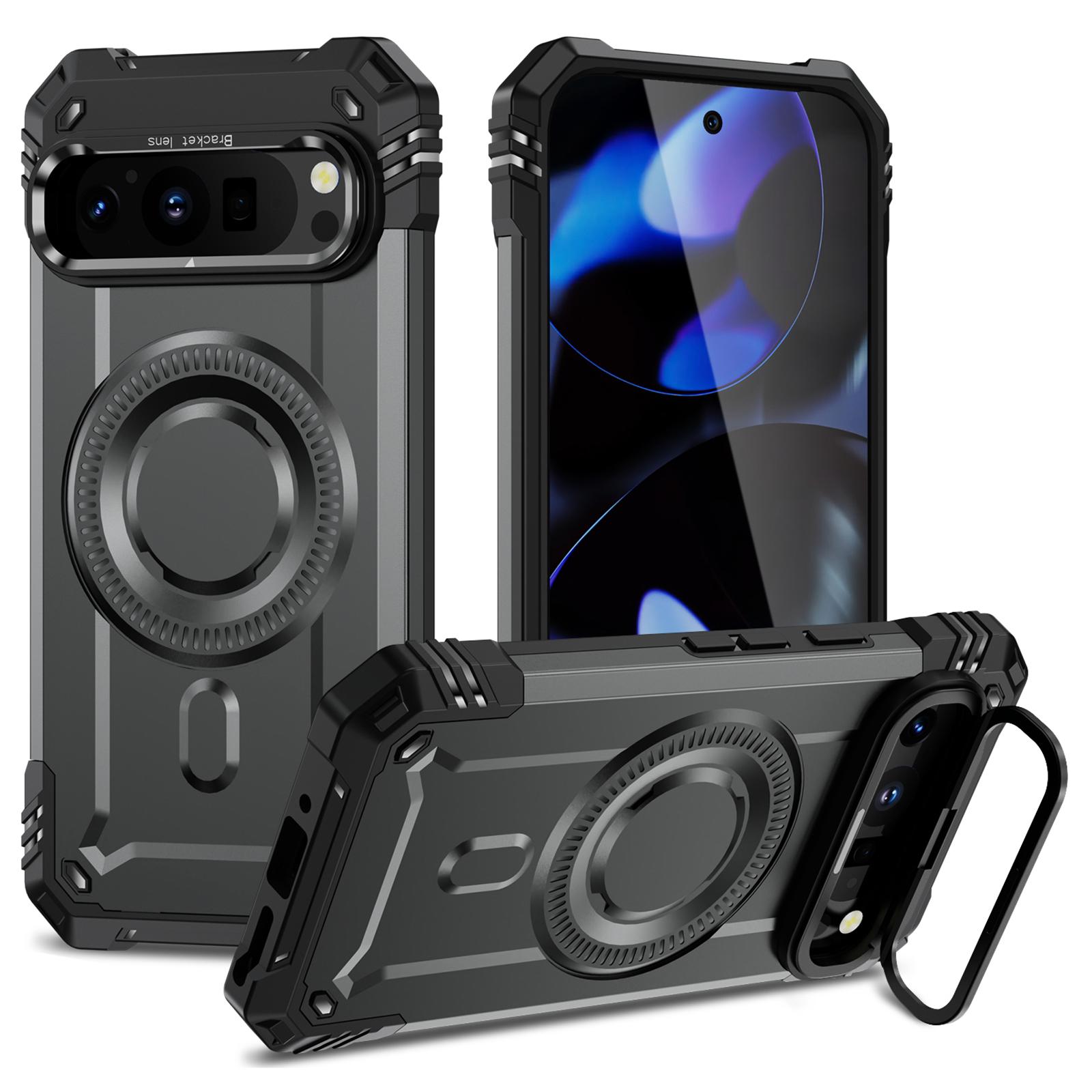 

For Google Pixel 9 Pro XL Case Compatible with MagSafe Metal Lens Frame Kickstand PC+TPU Mobile Cover Grey