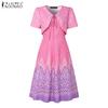 ZANZEA Women Casual Lace Up V-Neck Short Sleeve Print Dress