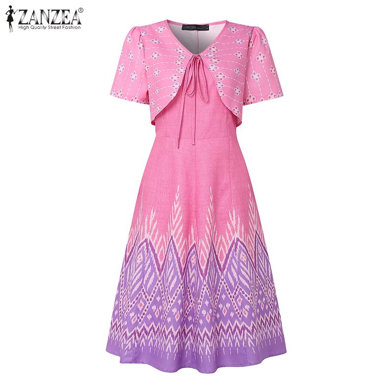 ZANZEA Women Casual Lace Up V-Neck Short Sleeve Print Dress