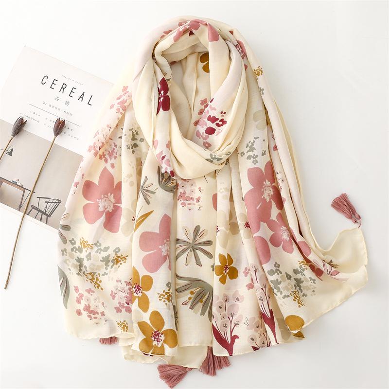 Elegant Beige Floral Tassel Shawl - Cotton Linen Feel Satin Scarf