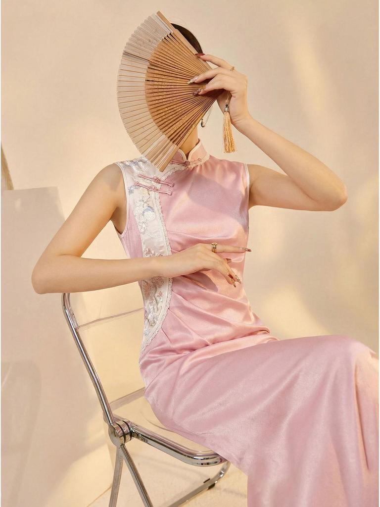 New Summer Purple Embroidered Stand Collar Pleated Cheongsam Dress for Women