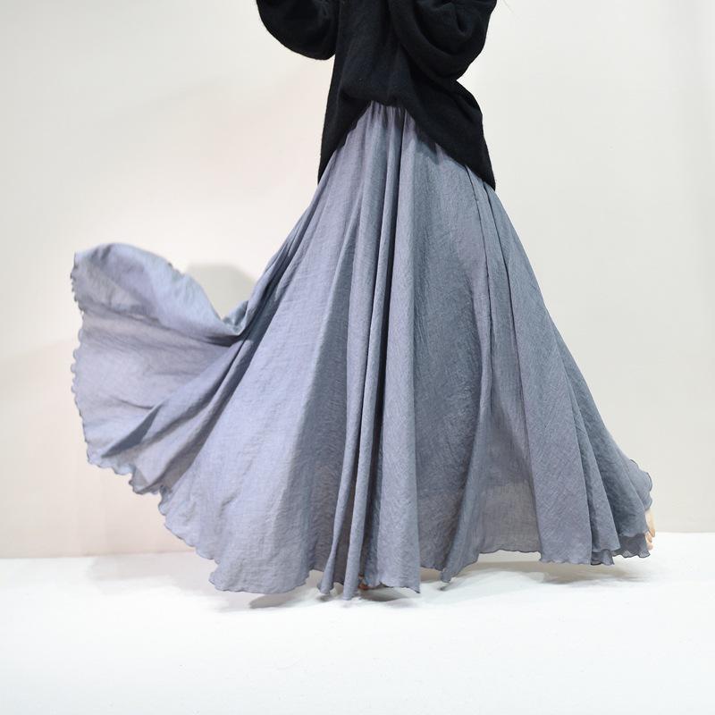 Mori Girl Cotton Linen A-Line Skirt: Elastic Waist, Long Solid Color, National Style Swing