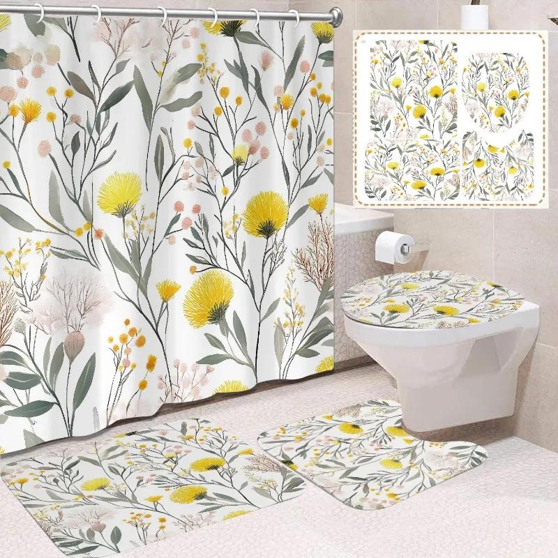 1/4 Stuks Waterdicht en schimmelbestendig Douchegordijn Luxe met Haak Douchegordijn met antislip mat U-vormige mat toiletdekselhoes