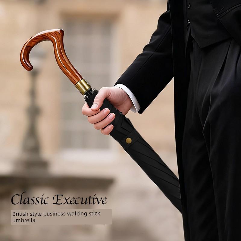 Retro Business-Style Automatic Straight Umbrella, Reinforced, Enlarged, Thickened, Windproof, Non-Slip, Suitable for Both Sunny and Rainy Weather