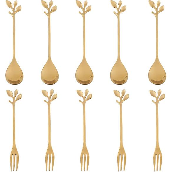 AnSaw 10-Pc Silver Mini Spoons & Forks Set, 4.7" - Stainless Steel, Leaf Handle, Ideal for Coffee,Tea, Appetizers, Tastings, Parties, Charcuterie &