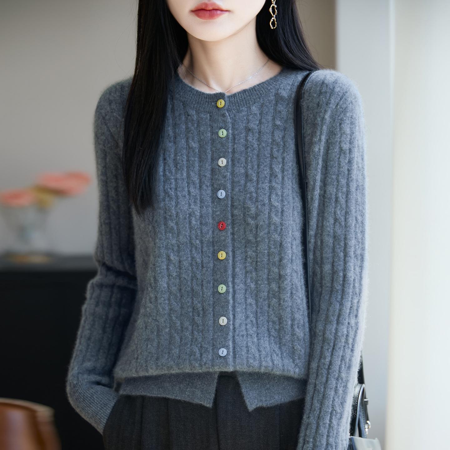 

Women s 100% Pure Wool Cable Knit Cardigan Sweater with Colorful Buttons - Round Neck, Lazy Style. L