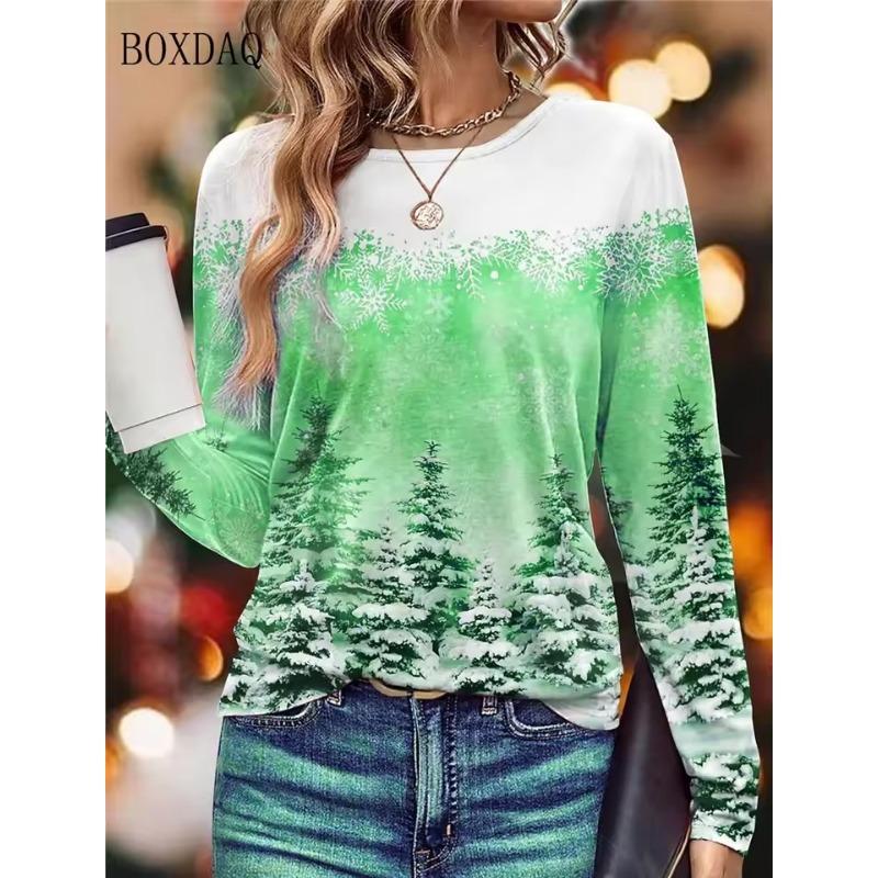Herbst Winter Schneelandschaft Weihnachten Stil Frauen T-Shirts Langarm 3d Druck Straße Hip Hop Damen Tees 6XL Plus Größe Casual tops