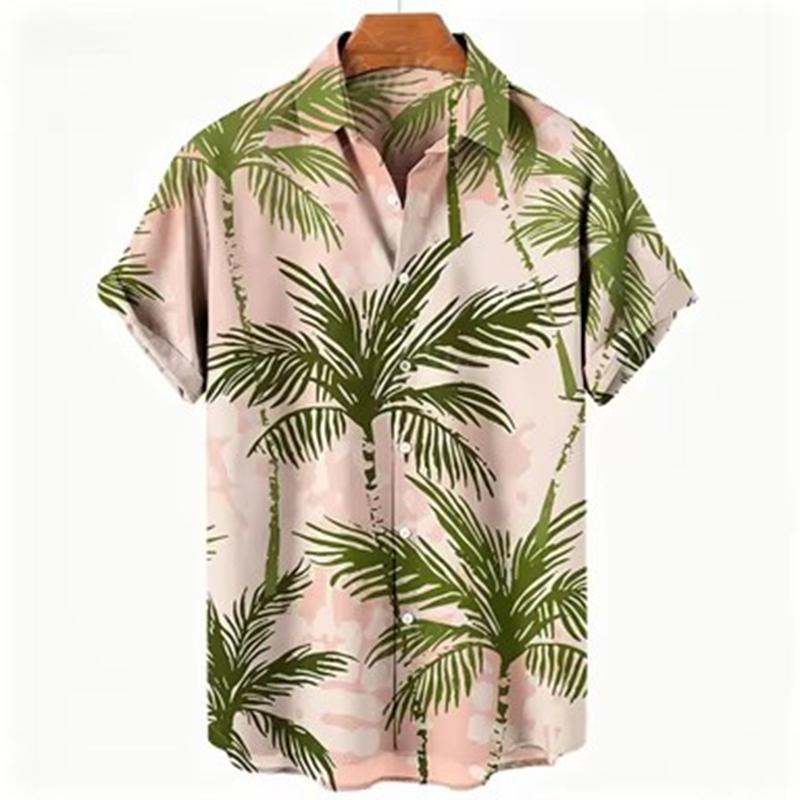 Tropical Palm Print Lapel Short Sleeve Men Shirt, Lightweight Loose Summer Casual Button Down Clothing