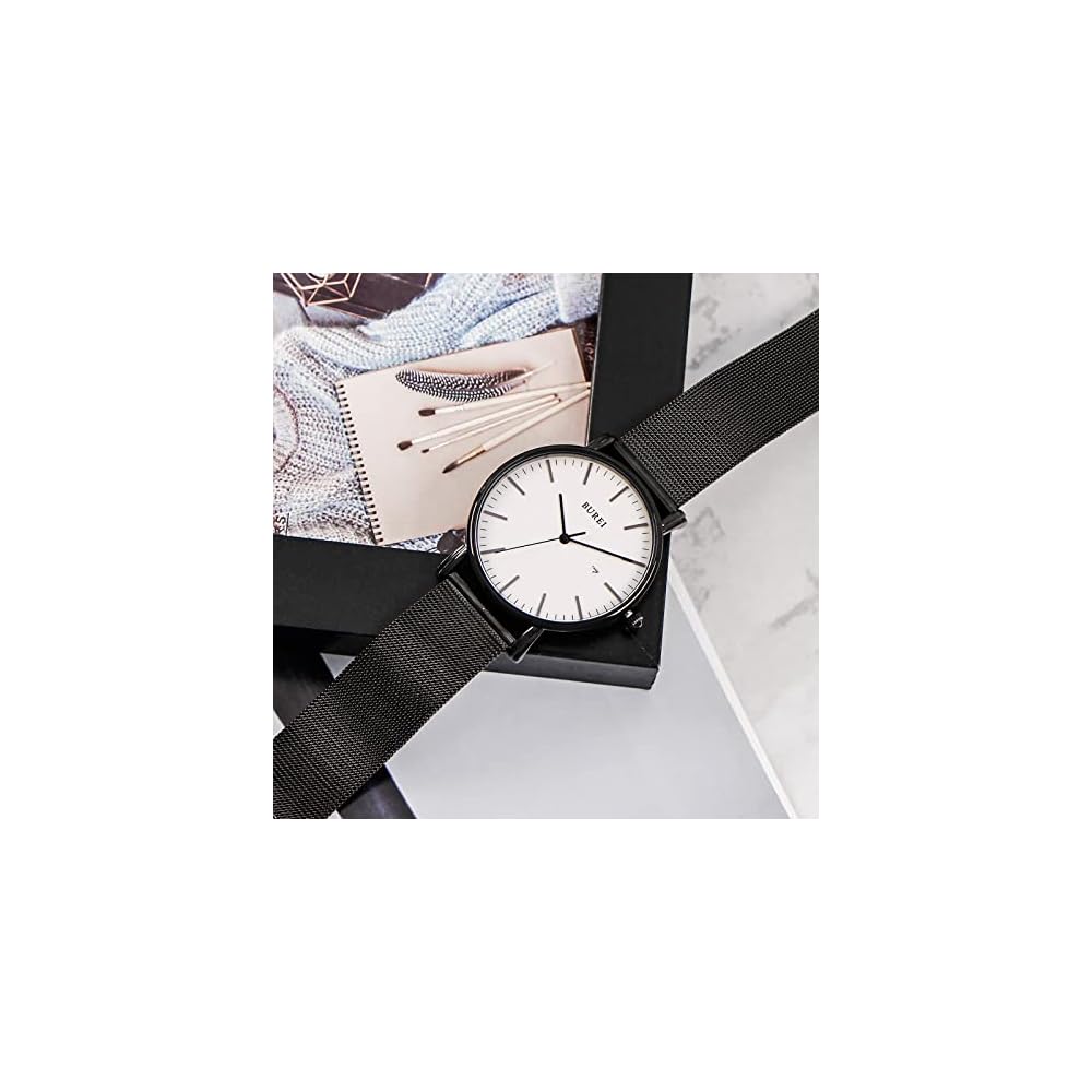 BUREI Men's Analog Watch Waterproof Simple Milanese Mesh Strap White Black