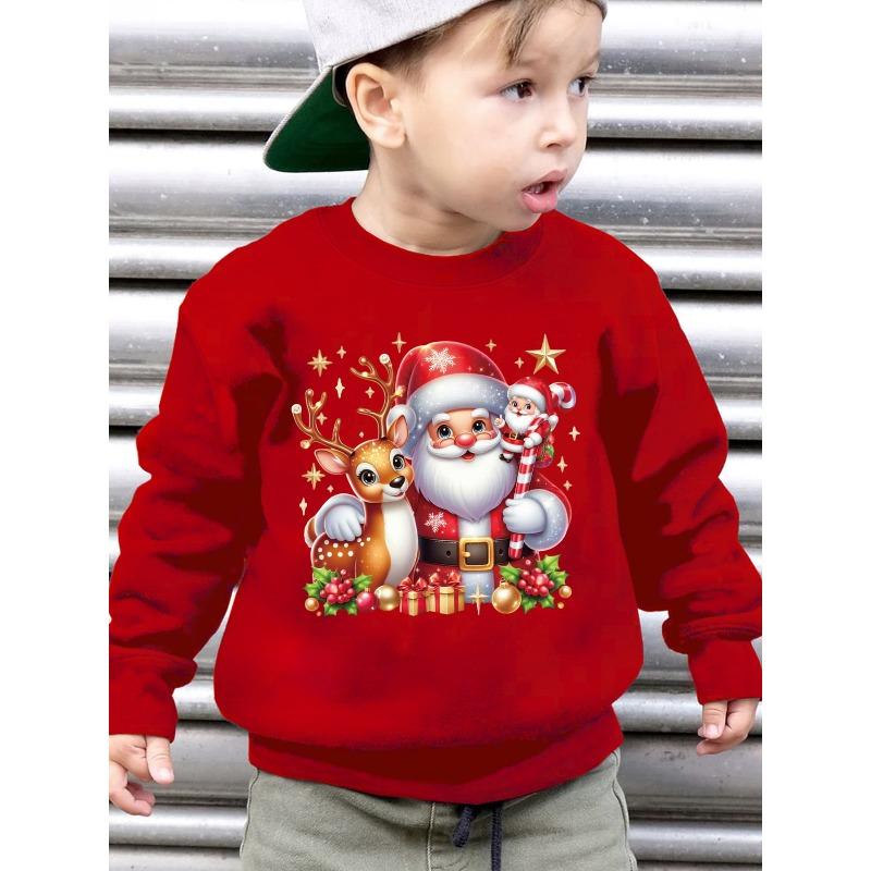 Christmas Boys' Autumn Winter Fashion Fleece Sweatshirt Christmas Santa And Reindeer Cartoon Pattern Print Loose Casual Long Sleeve Pullover Shirt