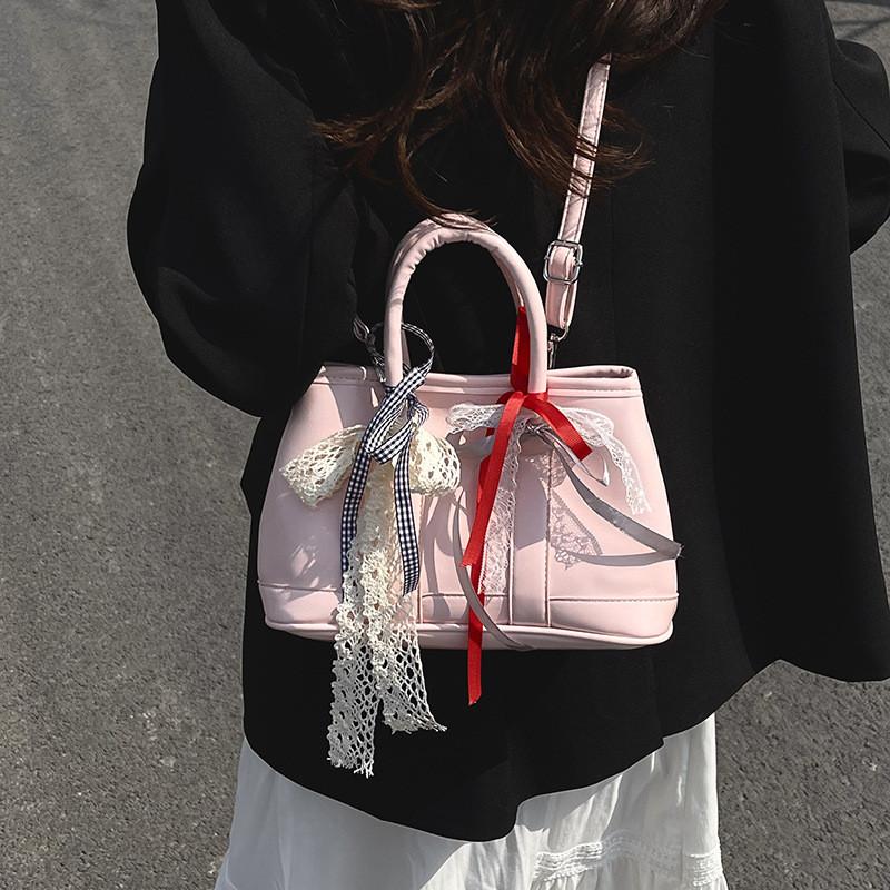 Pu Water Bucket Bag For Women With Bowknot Lace Stylish Handbag For Daily Use