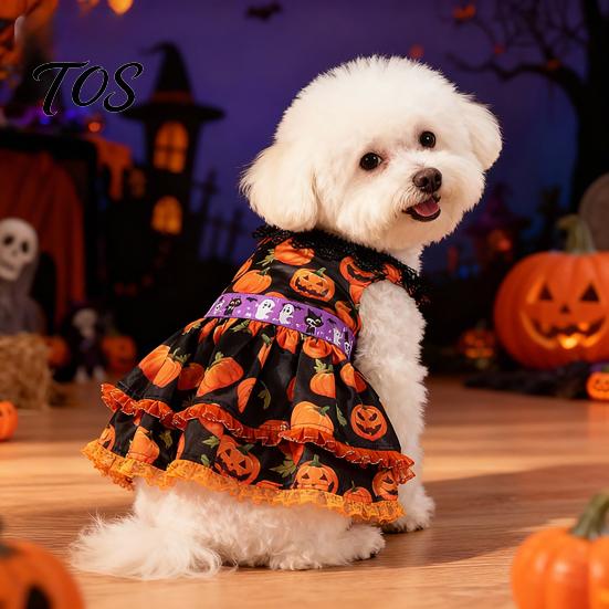 Soft Dog Clothing Halloween Pumpkin Dress, Black Lace Neck Outfit, Ruffled Festive Costume Autumn Pet Party for Small Dogs Holiday Dress